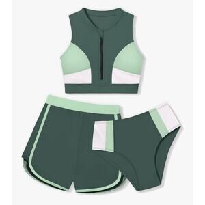 Girls Swimsuit 3 Piece Color Block Zipper Front Bathing Suit Bikini Size 15-16Y